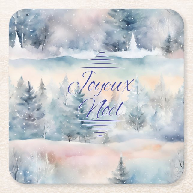 Joyeux Noël  in cool hues Square Paper Coaster (Front)