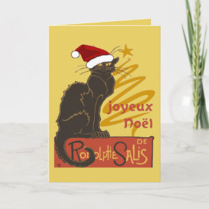 Joyeux Noel Le Chat Noir With Stylised Golden Tree Holiday Card