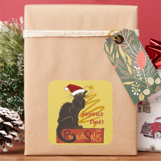 Joyeux Noel Le Chat Noir With Stylized Golden Tree Square Sticker (Holiday)