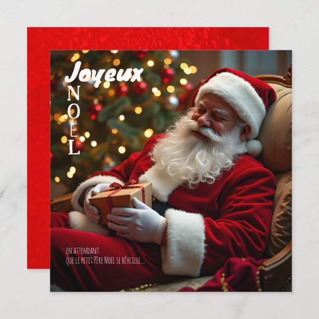 Joyeux Noël Le Père Noël s'est endormi SqFC Holiday Card (Front/Back)