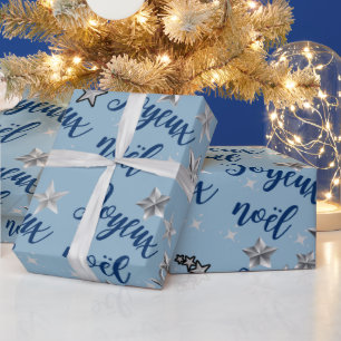 Joyeux Noël - Merry Christmas - Blue & Silver Wrapping Paper