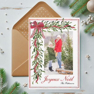 Joyeux Noël Mistletoe Red Bow Family Photo Holiday Card