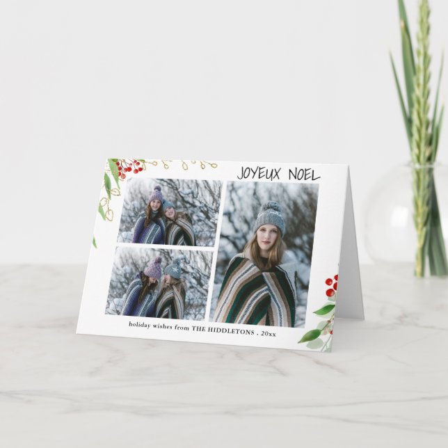 Joyeux Noel Modern Red Gold Berry | Multi Photo Holiday Card (Front)