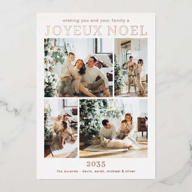 Joyeux Noel Multi Photo Rose Gold  Foil Holiday Card (Front)