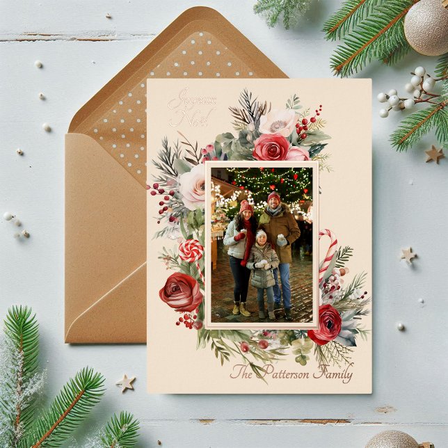 Joyeux Noël Photo Floral Foil French Foil Holiday Card (Creator Uploaded)