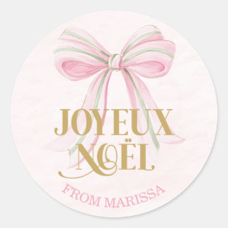 Joyeux Noël Pink & Green French Coquette Bow Classic Round Sticker