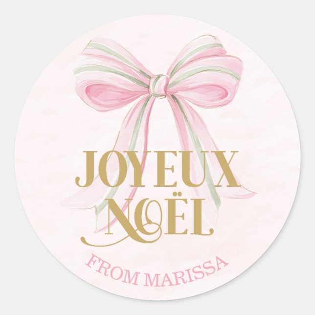 Joyeux Noël Pink & Green French Coquette Bow Classic Round Sticker (Front)