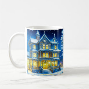 Joyeux Noël Pretty Blue Christmas House Coffee Mug