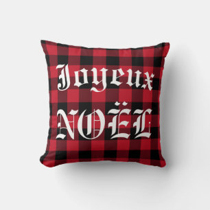 Joyeux Noel Red Black Buffalo Check Lumberjack Cushion