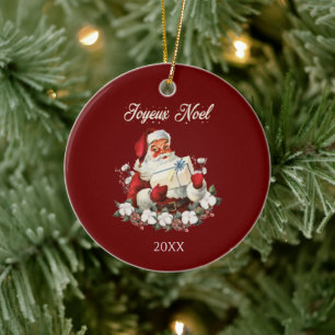 Joyeux Noel Red Christmas Vintage Santa  Ceramic Ornament