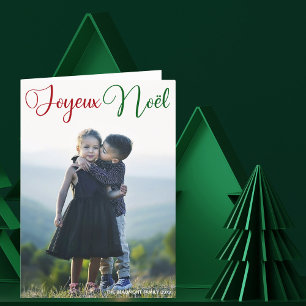 Joyeux Noël Red Green Script Folded Family Photo Holiday Card