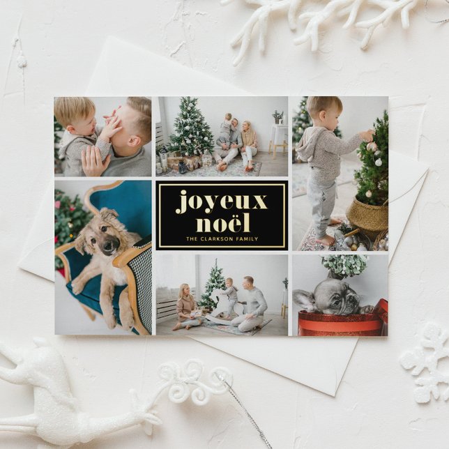 Joyeux Noël Retro Typography Black Photo Collage Foil Holiday Postcard (Customizable photo collage holiday postcard featuring joyeux noël in gold foil.)