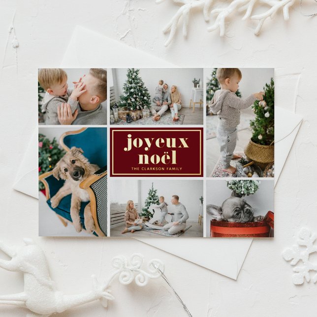 Joyeux Noël Retro Typography Red Photo Collage Foil Holiday Postcard (Customizable burgundy photo collage holiday postcard featuring joyeux noël in gold foil.)
