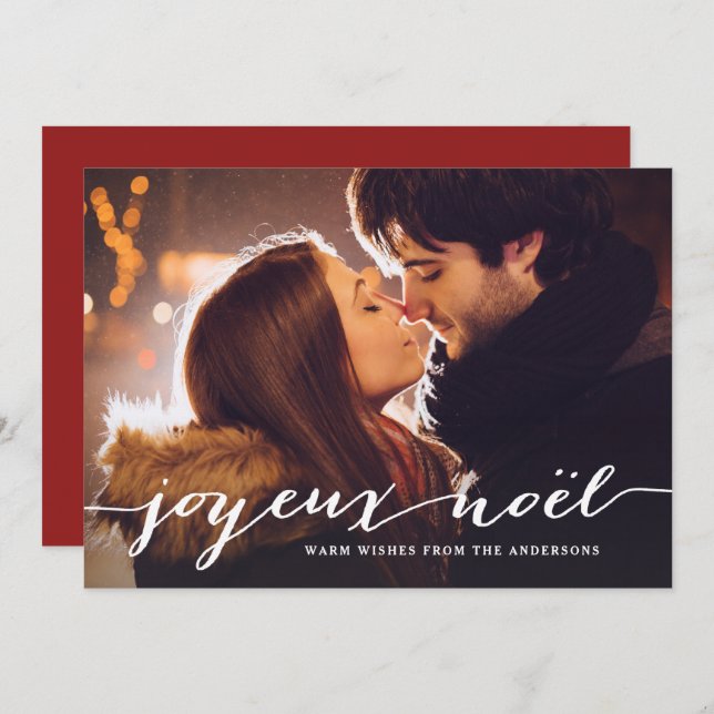 Joyeux Noël Rustic Script Christmas Photo Holiday Card (Front/Back)