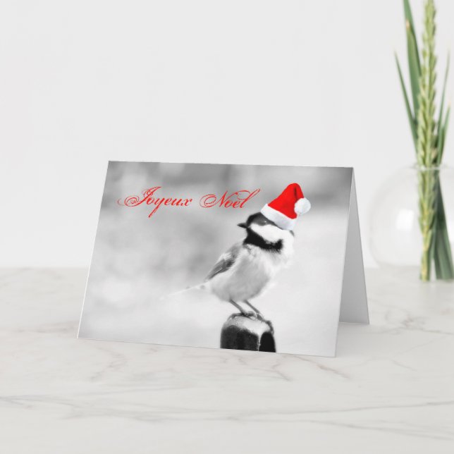 Joyeux Noel Santa Chickadee Holiday Card (Front)