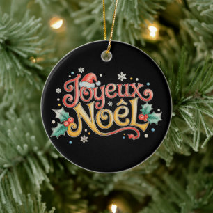 Joyeux Noel Santa Hat Snowflakes Merry Christmas Ceramic Ornament