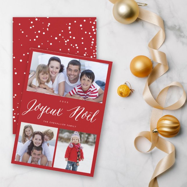 Joyeux Noel Script 3 Photo Collage Christmas Card (Creator Uploaded)