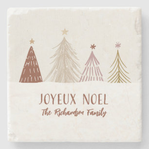 Joyeux Noel Snow Trees Red Gold Pink Square Stone Coaster