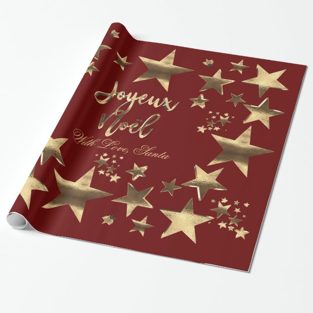 Joyeux Noël Stars Red Gold Elegant Christmas Wrapping Paper (Unrolled)