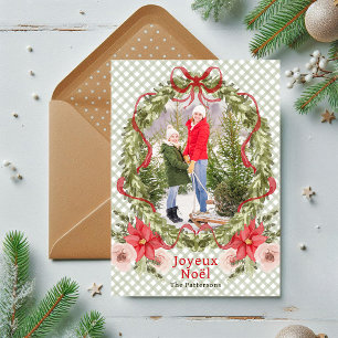 Joyeux Noël Watercolor Floral Bow Family Photo Holiday Card