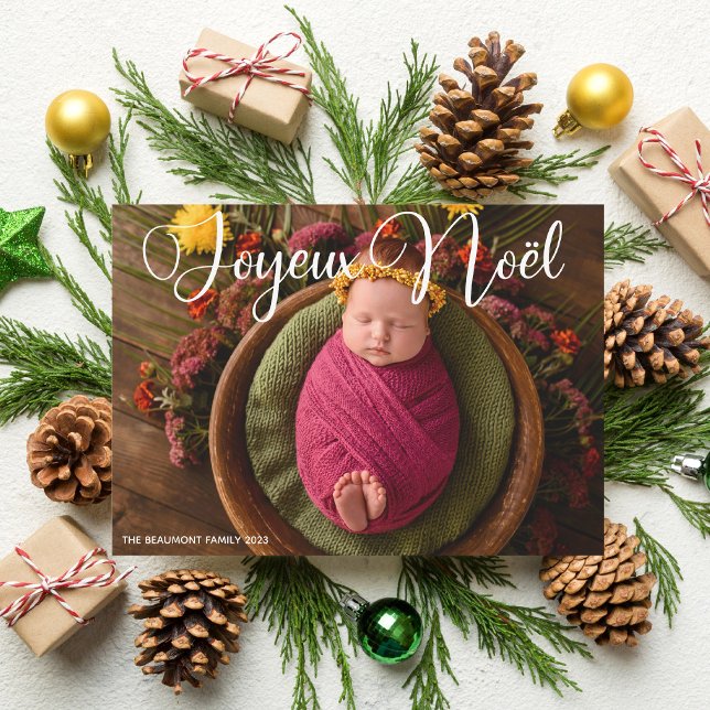 Joyeux Noël White Script Baby Photo Christmas Holiday Card (Creator Uploaded)