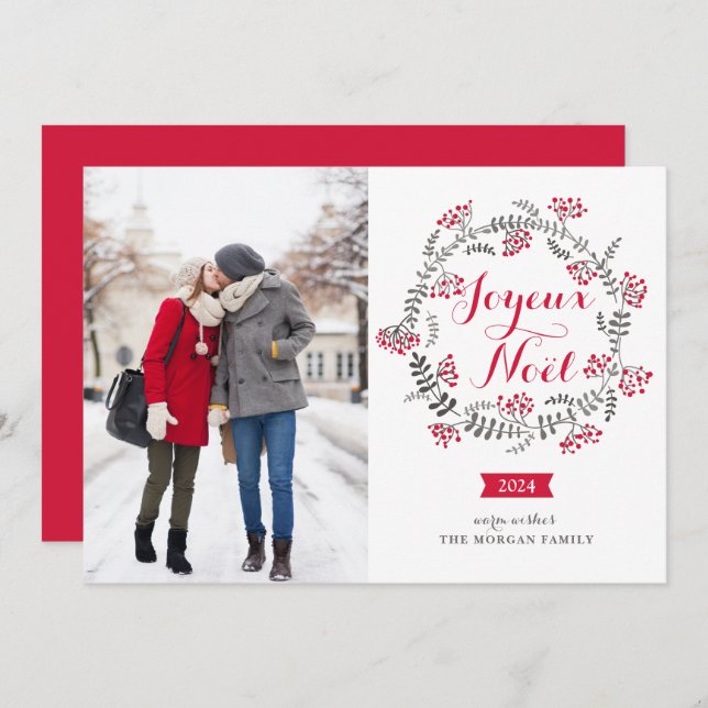 Joyeux Noël Winterberries Wreath Christmas Photo Holiday Card (Front/Back)