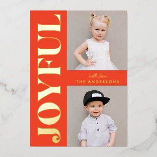 Joyful 2 Photo Orange and Gold Foil Holiday Card