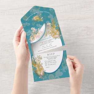 Joyful Abstract Pink, Sky-blue - Pink Flowers All In One Invitation