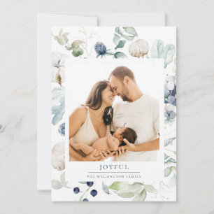 Joyful Arctic Winter Botanical Photo Blue Holiday Card