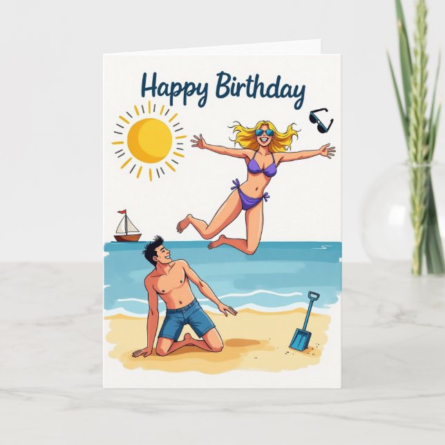 Joyful Beach Leap Birthday Card (Front)