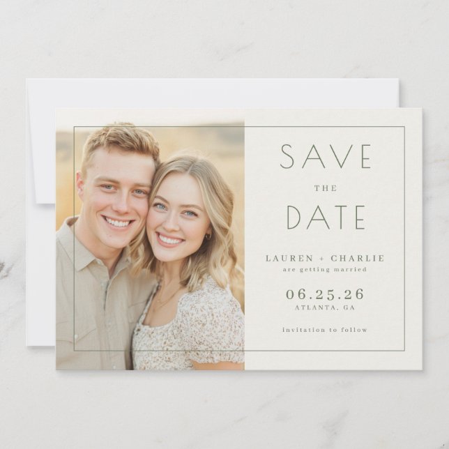 Joyful Beige Minimalist Photo Save The Date (Front)