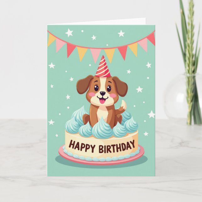 Joyful Birthday Dog In Cake Card (Front)