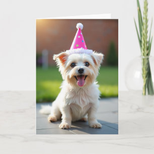 Joyful Birthday Fluffy Dog Hat Card