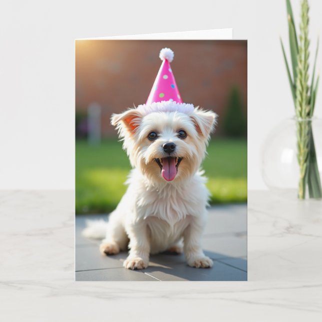Joyful Birthday Fluffy Dog Hat Card (Front)