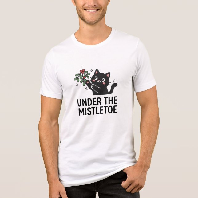 Joyful Black Cat Under Mistletoe Holiday Tee (Front)