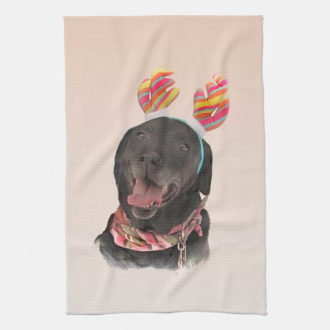 Joyful Black Labrador Retriever Dog Kitchen Towel (Vertical)