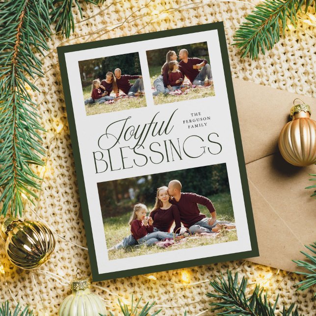 Joyful Blessings Religious Christmas 3-Photo Green Holiday Card (joyful blessings religious Christmas 3-photo card in green)