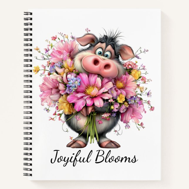Joyful Blooms Cute Animal Floral Spiral Notebook (Front)