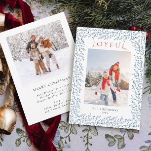 Joyful Blue Botanical Christmas 2 Photo Holiday Card