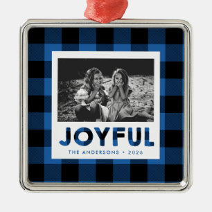 Joyful Blue Buffalo Plaid Photo Ornament