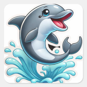 Joyful Blue Dolphin Splash Square Sticker
