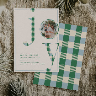 Joyful Blue Green Tartan Family Photo Christmas Holiday Card