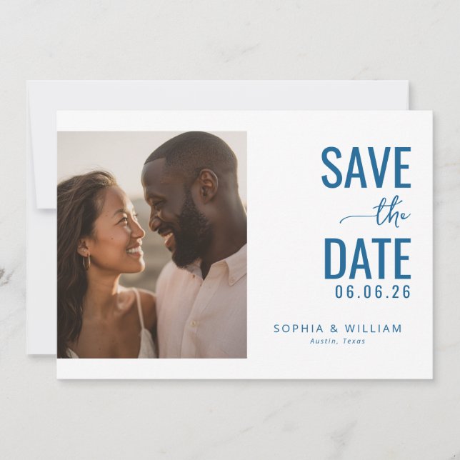 Joyful Blue Minimalist Photo Save The Date (Front)