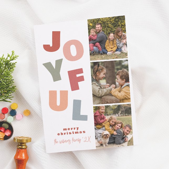 Joyful Boho Bold Multi 3 Photo Booth Christmas Holiday Card (Creator Uploaded)