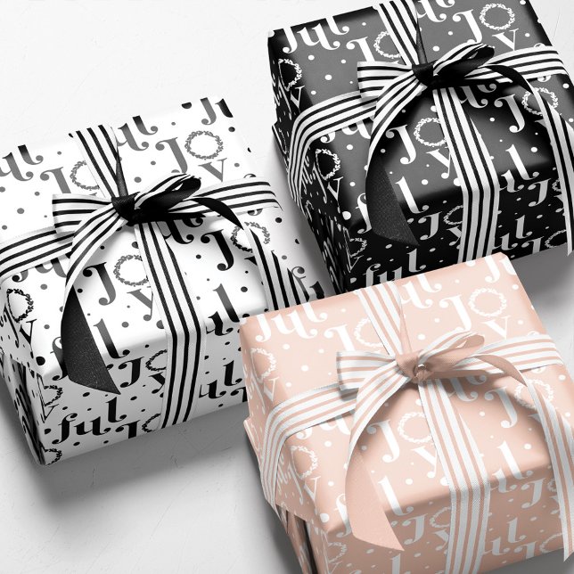 Joyful Bold Letter Black White & Pink Typographic Wrapping Paper Sheet (Creator Uploaded)