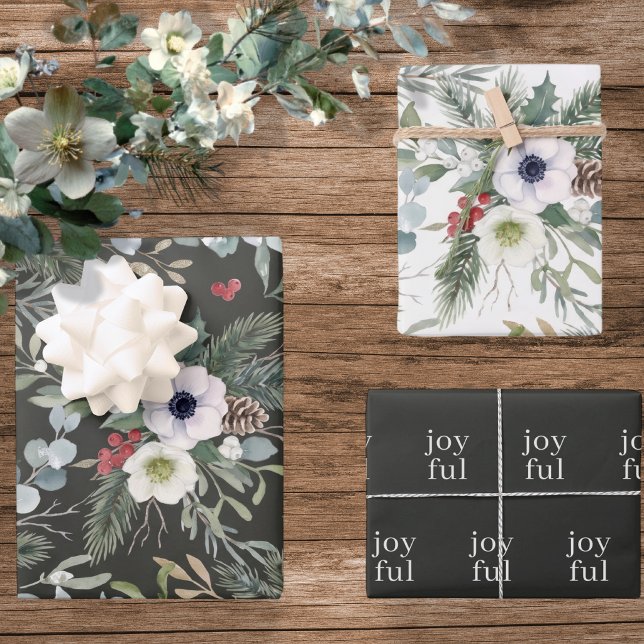 Joyful Botanical Christmas Personalised Wrapping Paper Sheet (Joyful Botanical Christmas Personalized Wrapping Paper Sheets by Ricaso. Large print style pattern)