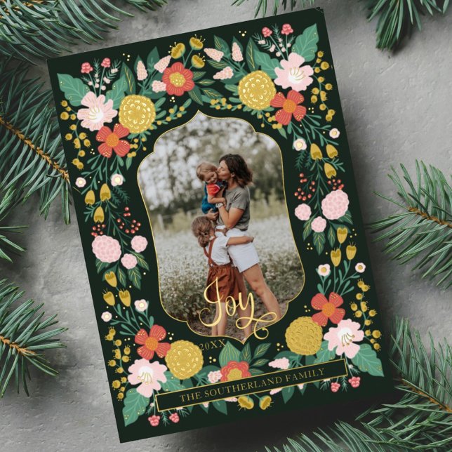 Joyful Botanical Floral Garden Elegant Photo Frame Foil Holiday Card (Creator Uploaded)