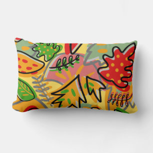Joyful botanical leaf red yellow pink cute decor lumbar cushion