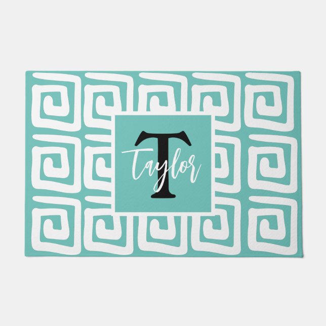 Joyful bright blue and white monogram greek key doormat (Front)