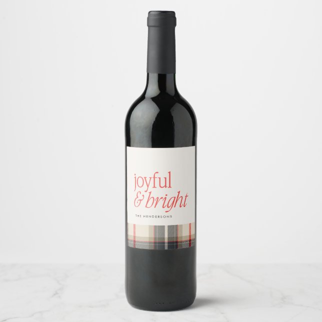 Joyful & Bright Cosy Winter Plaid Holiday  Wine Label (Front)